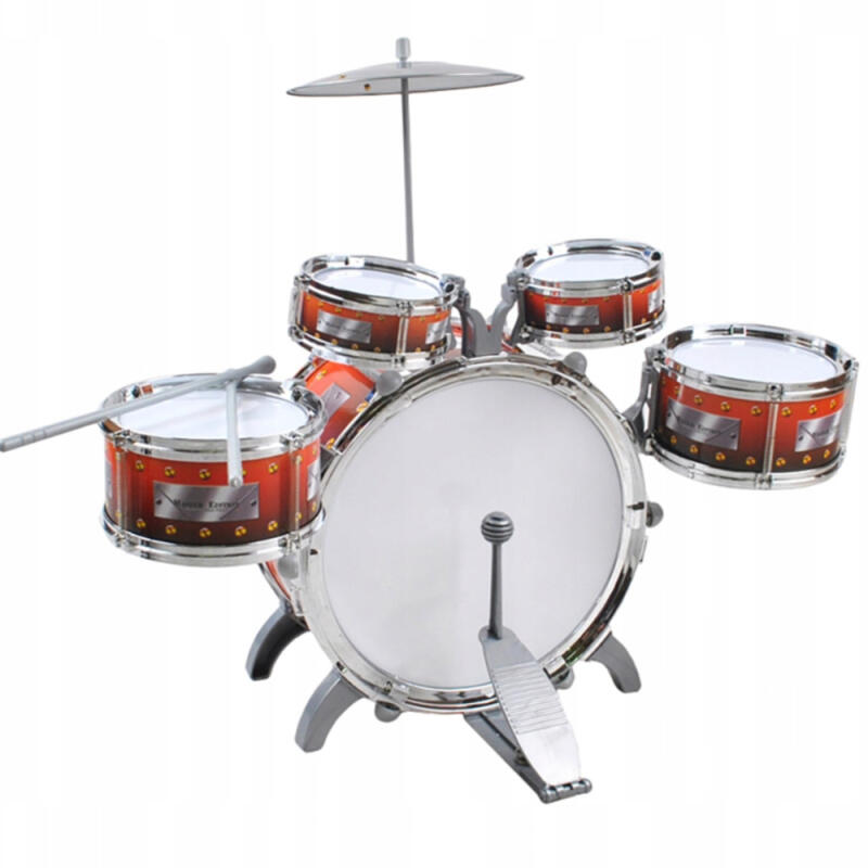 PERKUSJA DLA DZIECI 5 BĘBNÓW TALERZE PAŁECZKI STOPA STOŁEK EDUKACJA