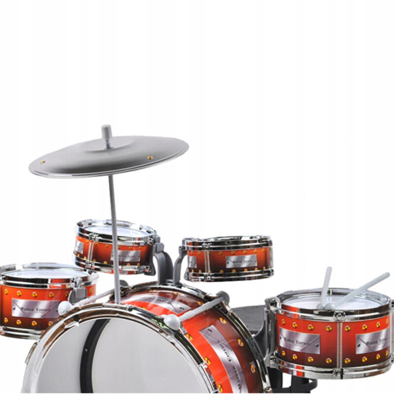 PERKUSJA DLA DZIECI 5 BĘBNÓW TALERZE PAŁECZKI STOPA STOŁEK EDUKACJA