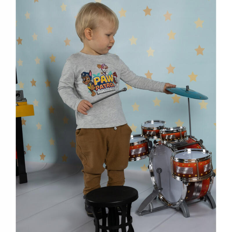 PERKUSJA DLA DZIECI 5 BĘBNÓW TALERZE PAŁECZKI STOPA STOŁEK EDUKACJA