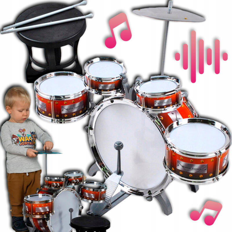 PERKUSJA DLA DZIECI 5 BĘBNÓW TALERZE PAŁECZKI STOPA STOŁEK EDUKACJA