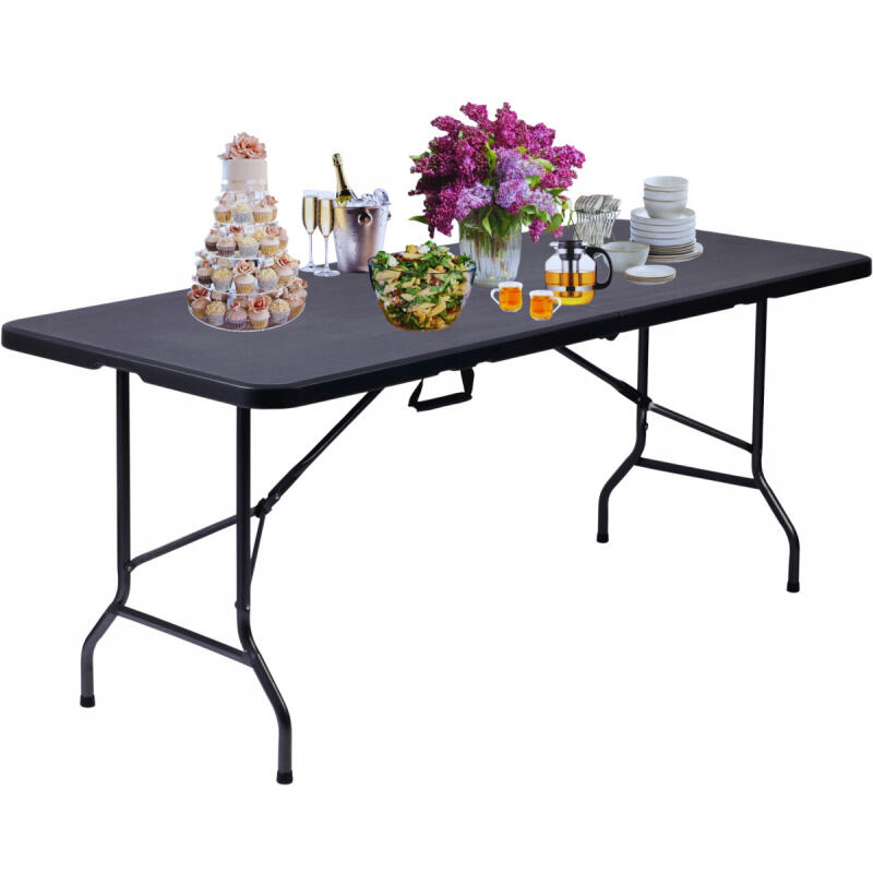 Stół Rozkładany Ogrodowy Cateringowy 240cm Składany W Walizkę Czarny Duży