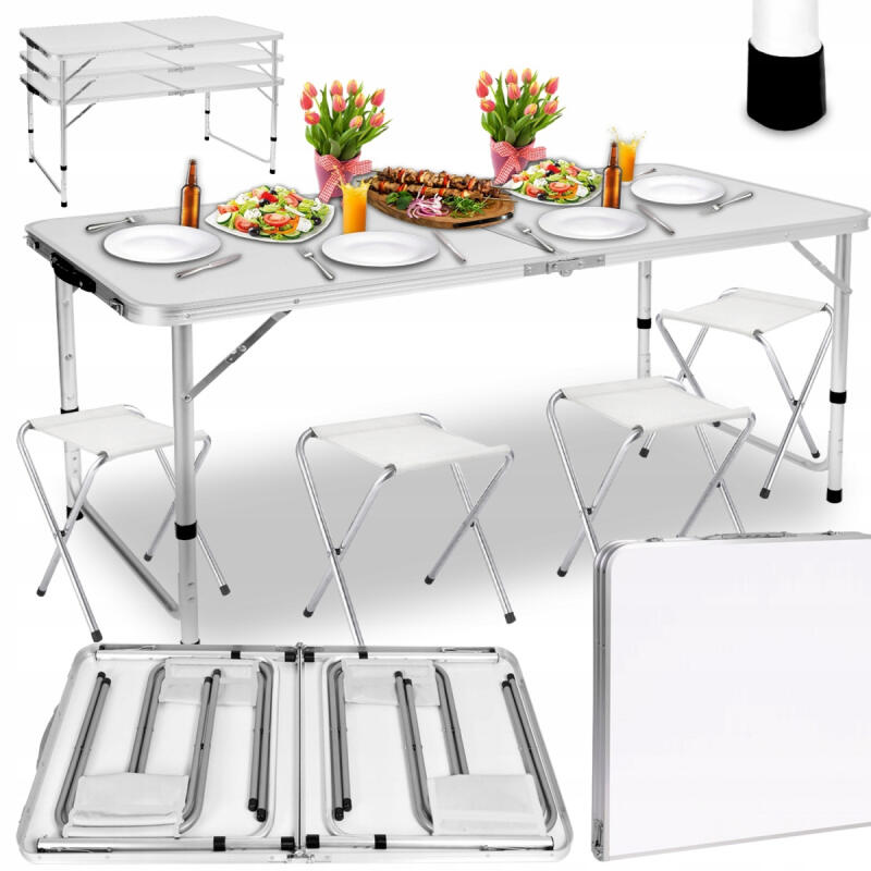 Stół Rozkładany z Krzesłami x4 Biały Ogrodowy Bankietowy Turystyczny 120cm