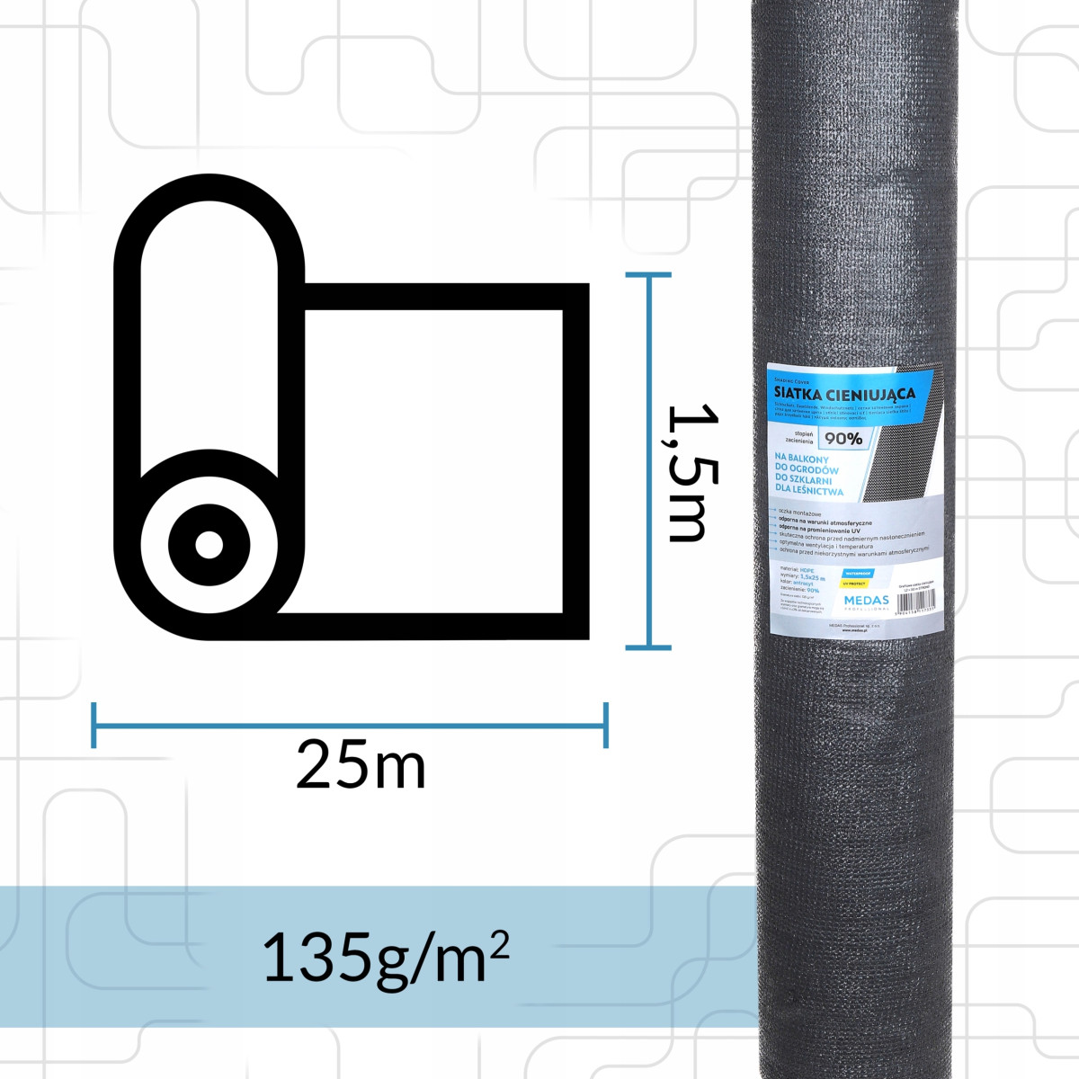 SIATKA CIENIUJĄCA NA OGRODZENIE PŁOT BALKON MASKUJĄCA 1,5x25m 90% UV MOCNA