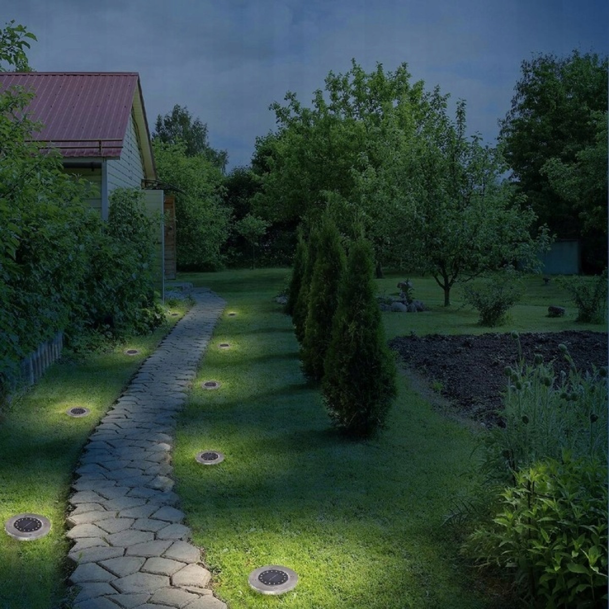 LAMPA SOLARNA OGRODOWA LED x12 szt. LAMPKI ZEWNĘTRZNE DYSK WBIJANE CZUJNIK