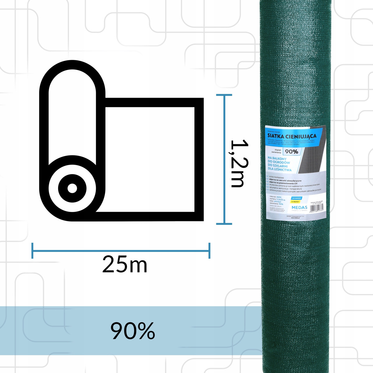 SIATKA CIENIUJĄCA NA OGRODZENIE PŁOT BALKON MASKUJĄCA 1,2x25m 90% UV MOCNA