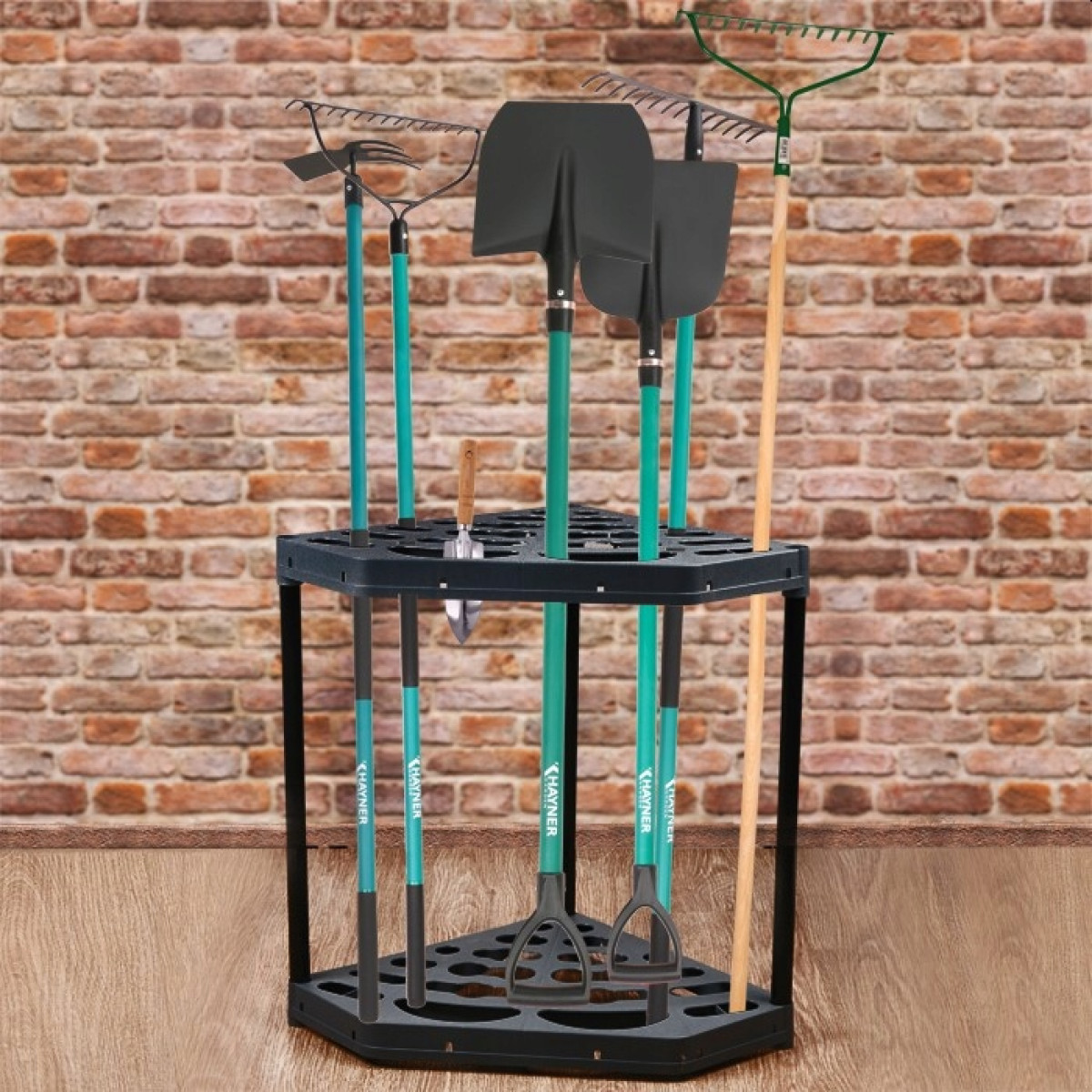 STOJAK NA NARZĘDZIA OGRODNICZE OGRODOWE NAROŻNY METALOWE NOGI 20 OTWORÓW