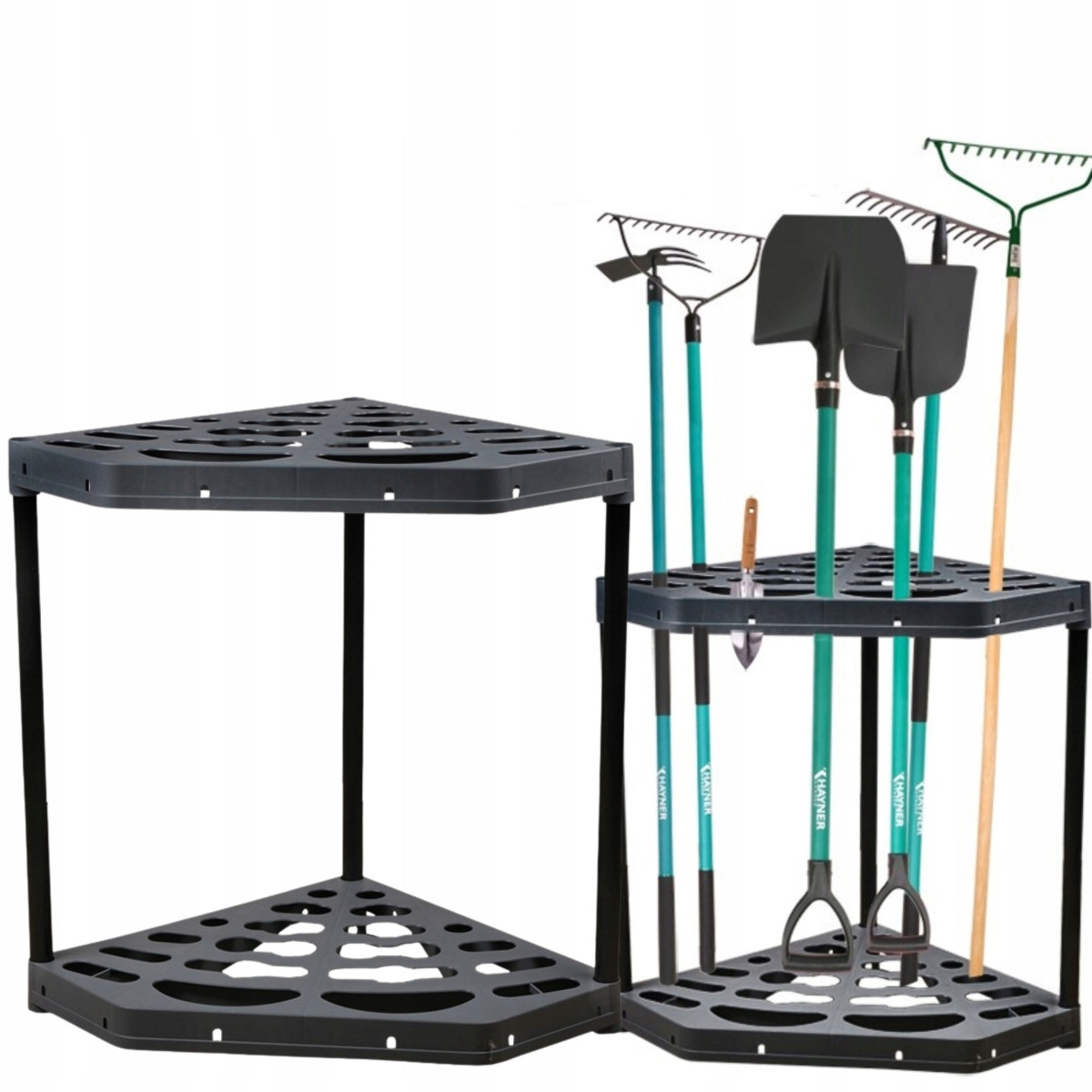 STOJAK NA NARZĘDZIA OGRODNICZE OGRODOWE NAROŻNY METALOWE NOGI 20 OTWORÓW