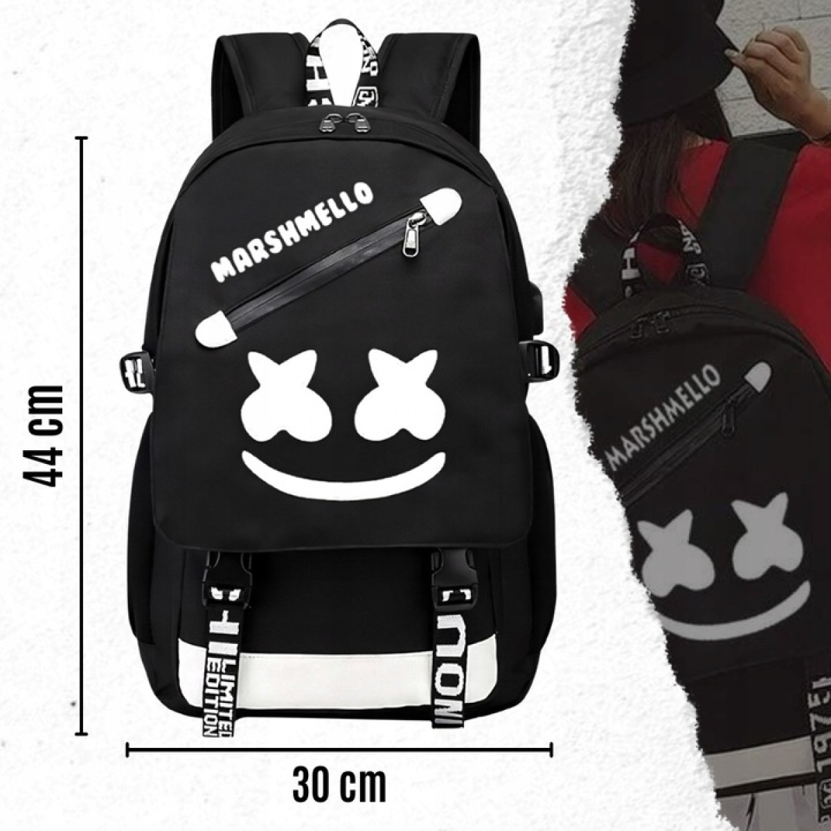 PLECAK SZKOLNY MŁODZIEŻOWY ŚWIECĄCY WIELOKOMOROWY CZARNY USB 35L WODOODPORN