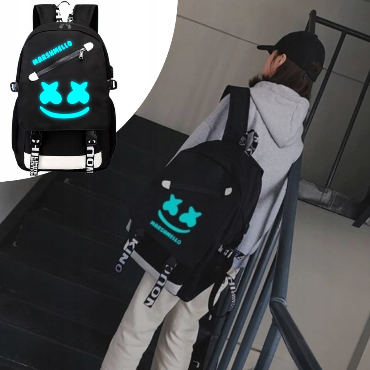 PLECAK SZKOLNY MŁODZIEŻOWY ŚWIECĄCY WIELOKOMOROWY CZARNY USB 35L WODOODPORN