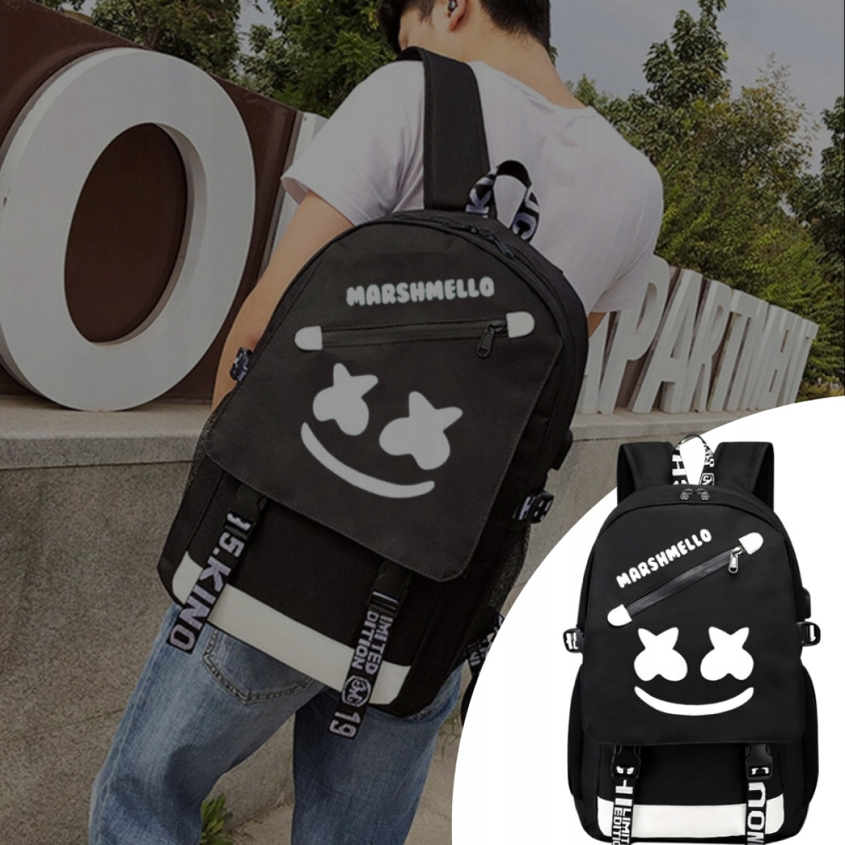 PLECAK SZKOLNY MŁODZIEŻOWY ŚWIECĄCY WIELOKOMOROWY CZARNY USB 35L WODOODPORN