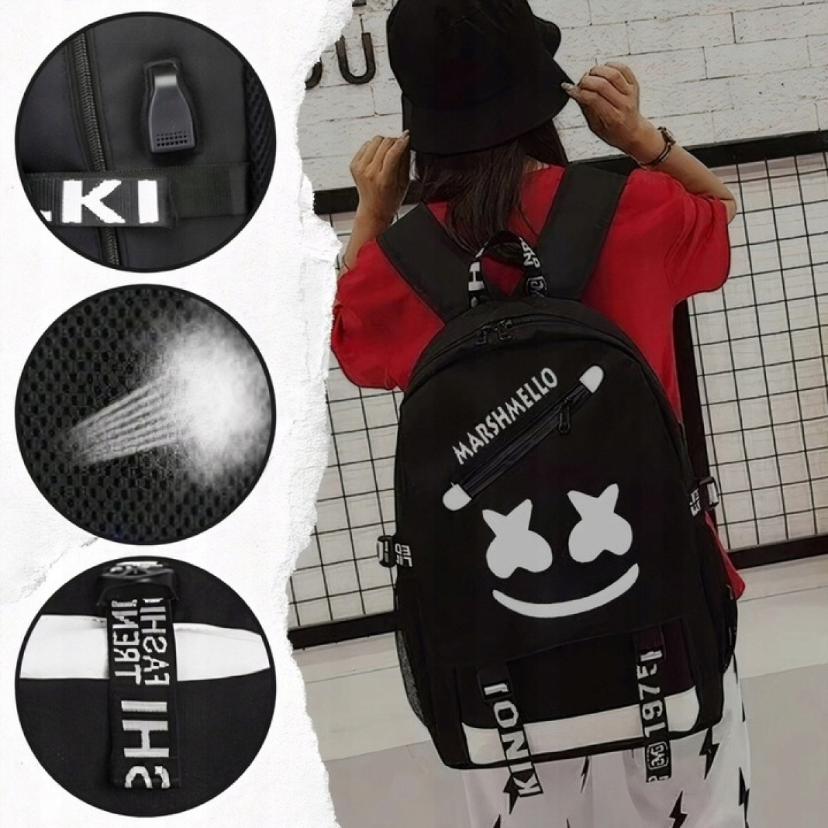 PLECAK SZKOLNY MŁODZIEŻOWY ŚWIECĄCY WIELOKOMOROWY CZARNY USB 35L WODOODPORN