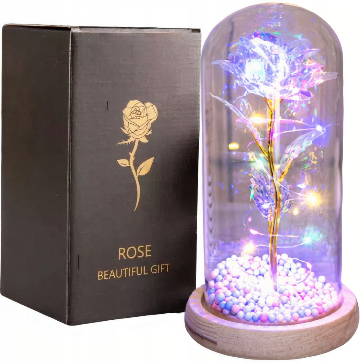WIECZNA RÓŻA W SZKLE ŚWIECĄCA LED PREZENT PUDEŁKO ŚWIĘTA URODZINY GWIAZDKA