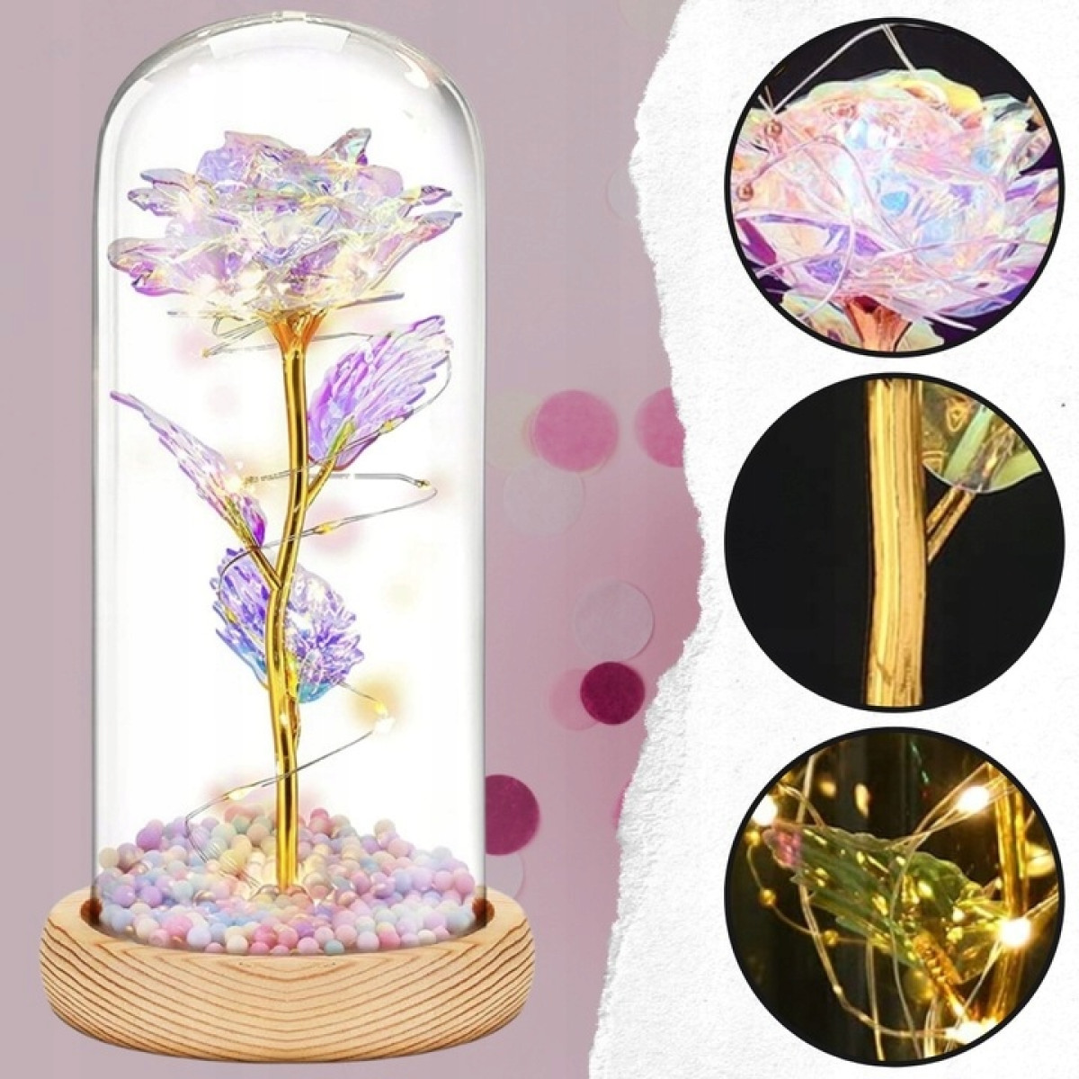 WIECZNA RÓŻA W SZKLE ŚWIECĄCA LED PREZENT PUDEŁKO ŚWIĘTA URODZINY GWIAZDKA