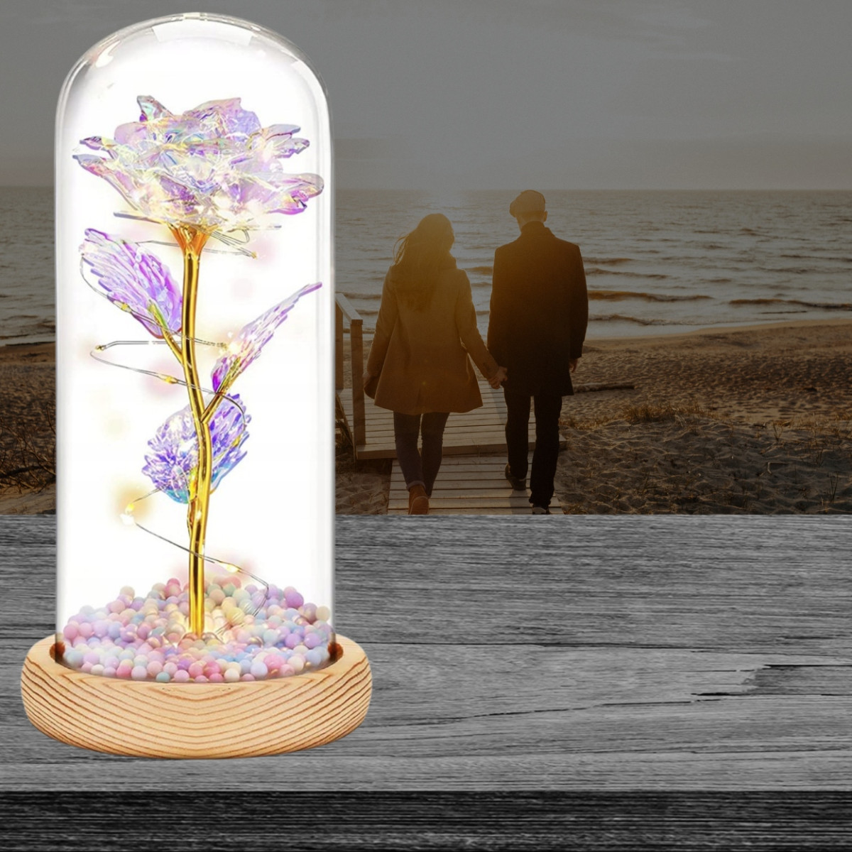 WIECZNA RÓŻA W SZKLE ŚWIECĄCA LED PREZENT PUDEŁKO ŚWIĘTA URODZINY GWIAZDKA