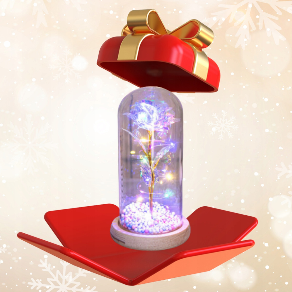 WIECZNA RÓŻA W SZKLE ŚWIECĄCA LED PREZENT PUDEŁKO ŚWIĘTA URODZINY GWIAZDKA