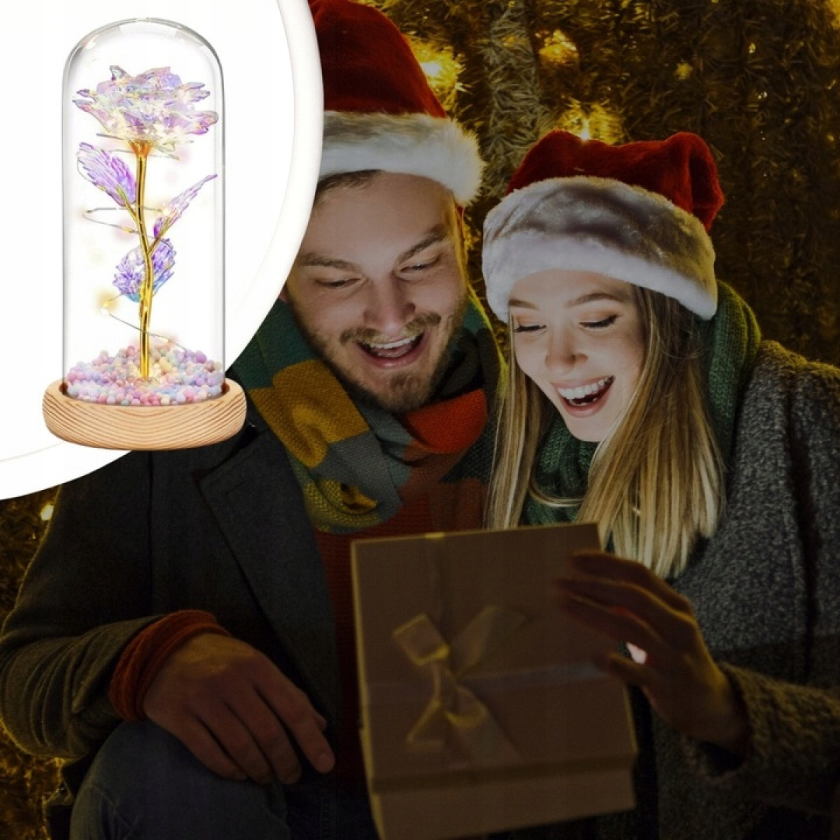 WIECZNA RÓŻA W SZKLE ŚWIECĄCA LED PREZENT PUDEŁKO ŚWIĘTA URODZINY GWIAZDKA