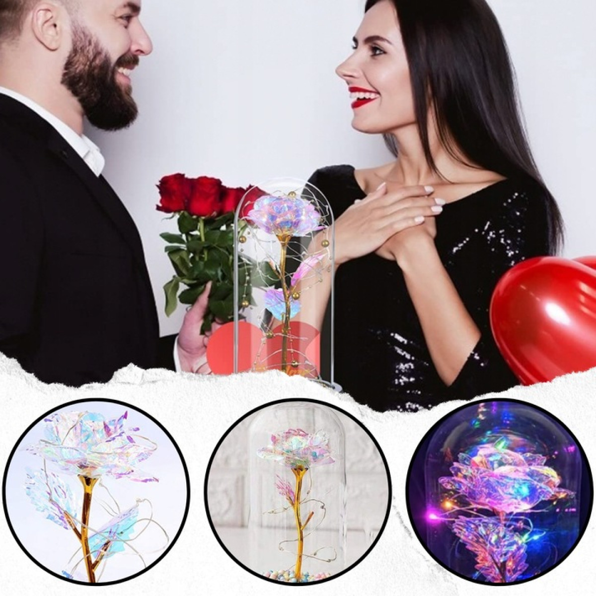 WIECZNA RÓŻA W SZKLE ŚWIECĄCA LED PREZENT PUDEŁKO ŚWIĘTA URODZINY GWIAZDKA