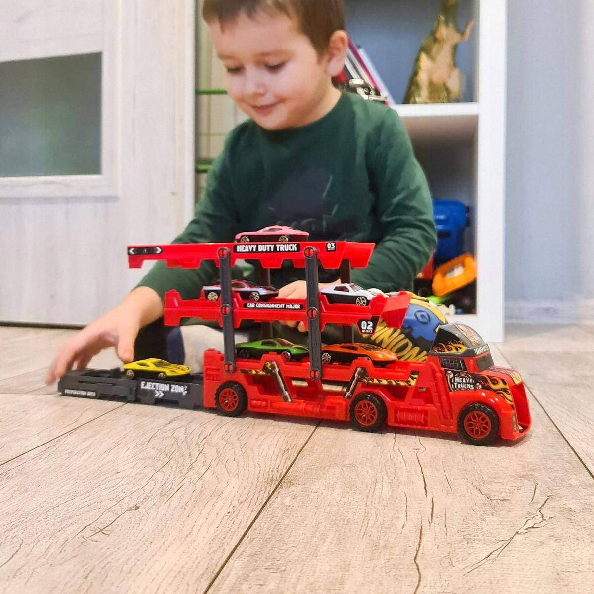 LAWETA TIR CIĘŻARÓWKA SAMOCHODZIKI 6 SZT. ZESTAW RESORAKI AUTKA WYRZUTNIA