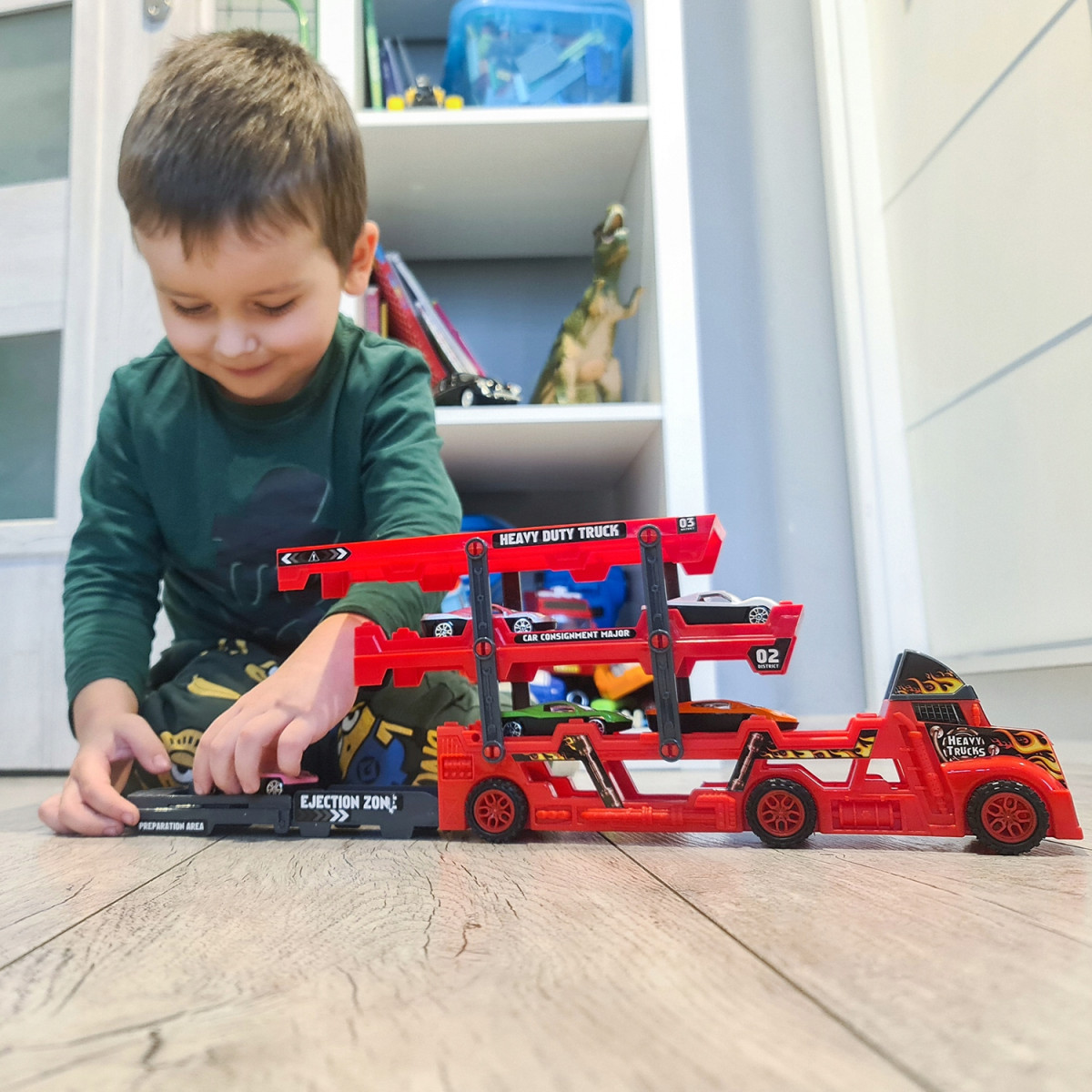 LAWETA TIR CIĘŻARÓWKA SAMOCHODZIKI 6 SZT. ZESTAW RESORAKI AUTKA WYRZUTNIA